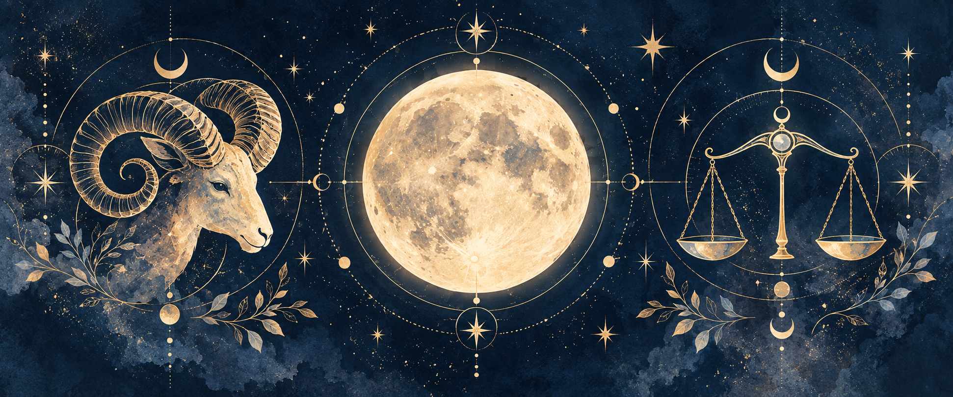 EasyAstro-style Aries Full Moon illustration with a ram, full moon, Libra scales, and gold celestial linework